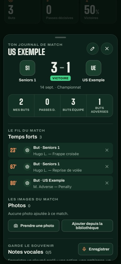 Fiche d’un match avec score, statistiques et temps forts
