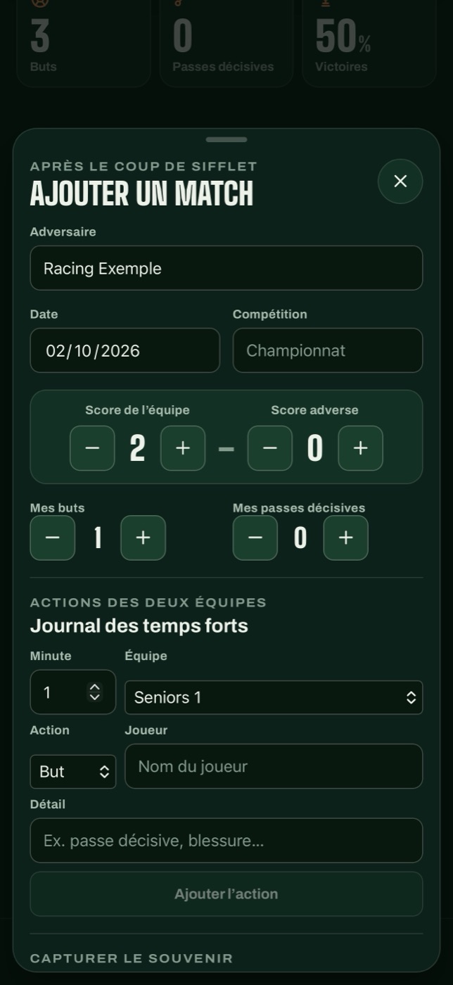 Écran Ajouter un match de FootPerso : adversaire, date, compétition, score et compteurs de buts et de passes