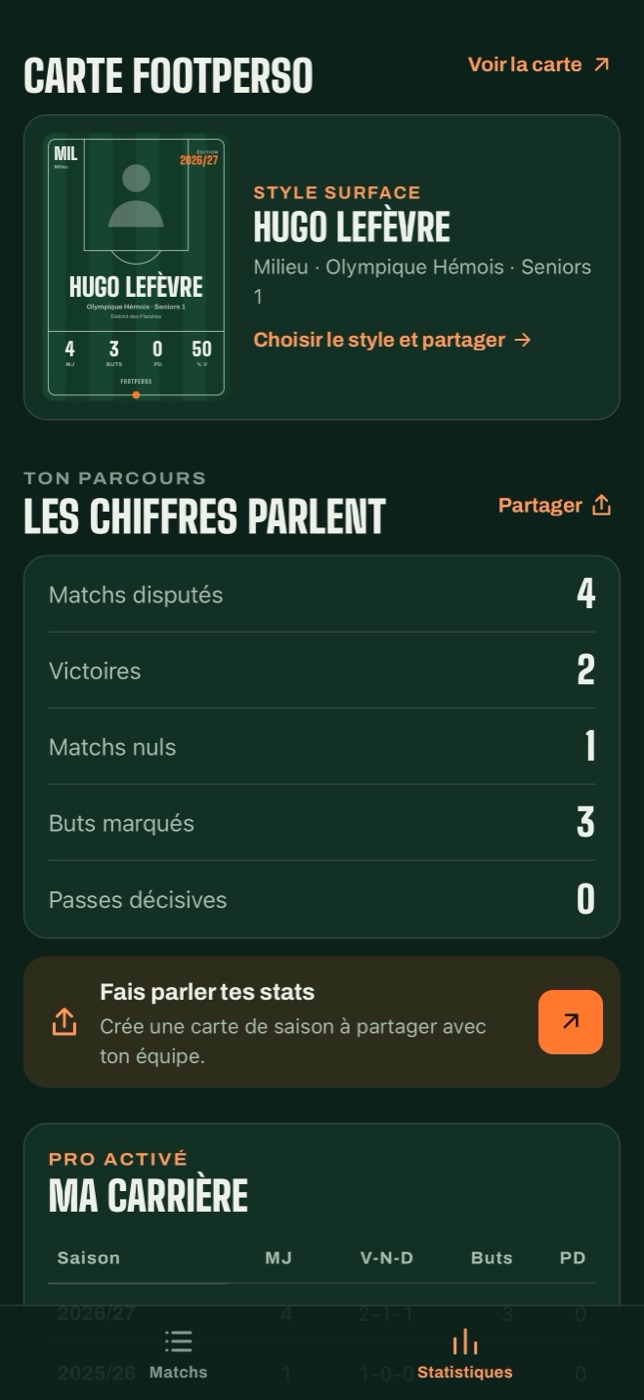 Écran Statistiques de FootPerso avec les chiffres de la saison et le tableau Ma carrière